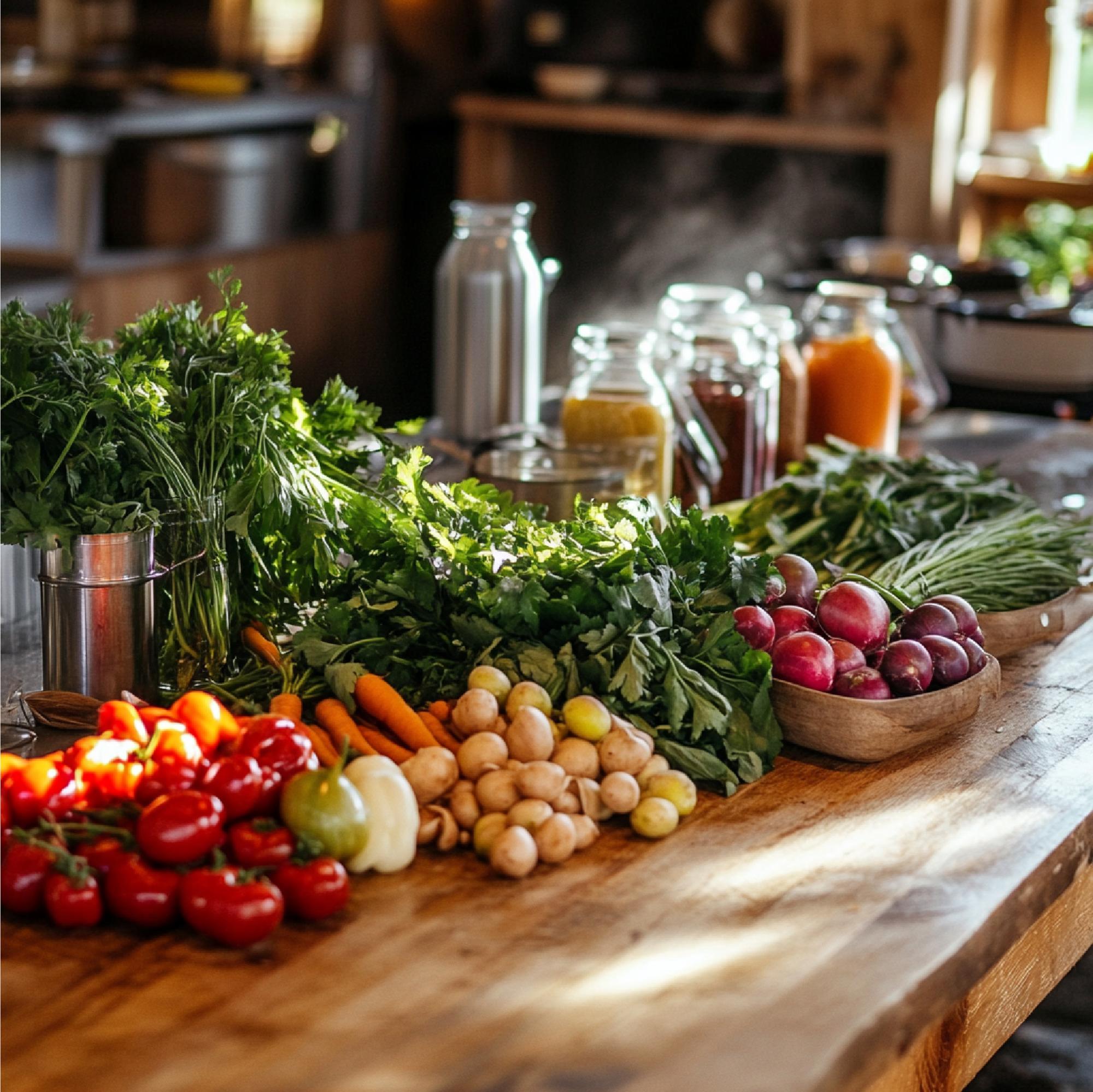 Workshop kitchen counter with ingredients neatly arranged